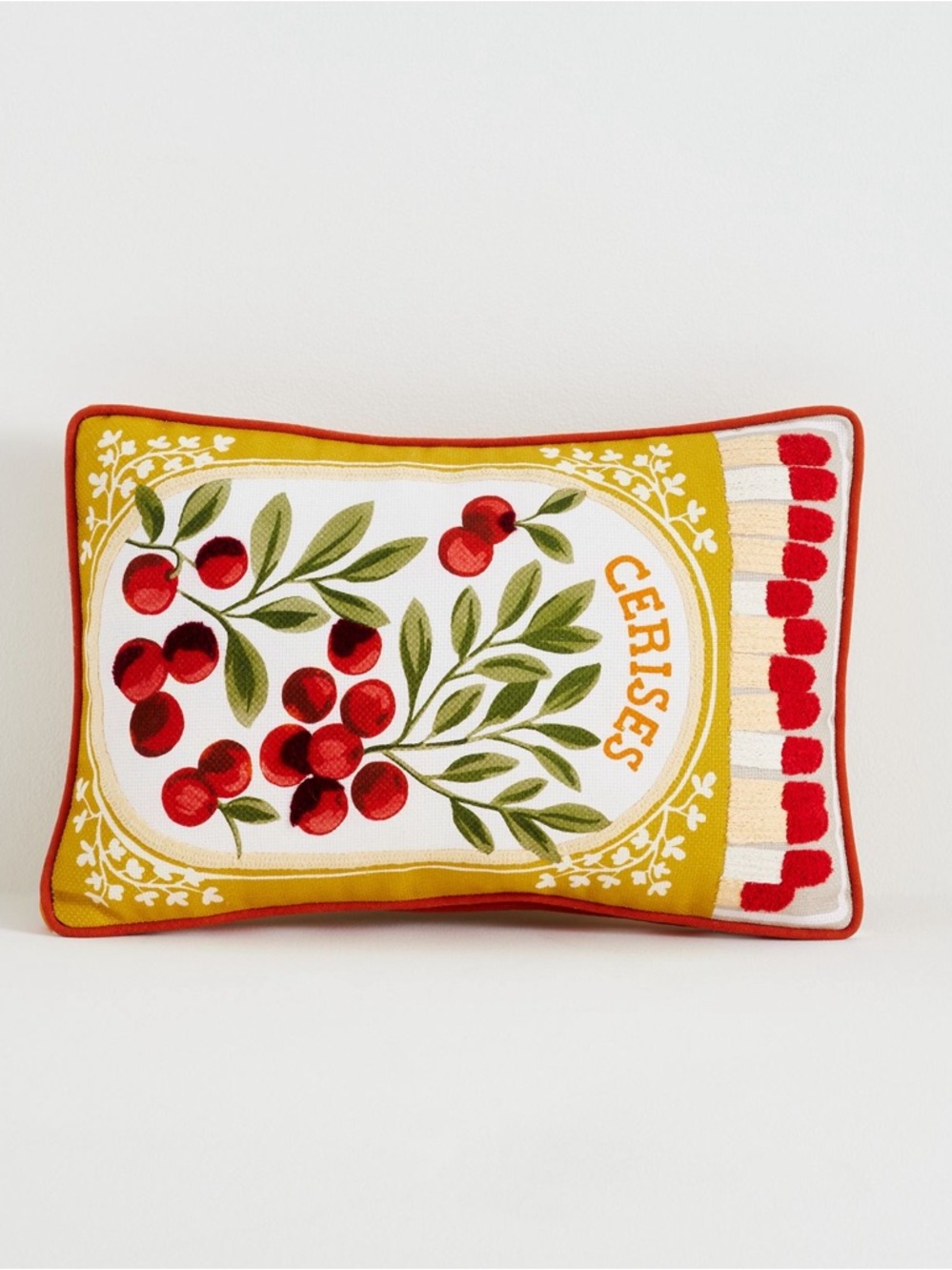 NWT Anthropologie Cherry Cotton Embroidered Pillow - Les Fruits